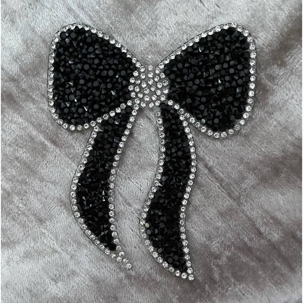 NWT Rhinestone Bow Iron-On Patch - Black & Silver Sparkle Appliqué BOGO